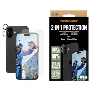 PanzerGlass ® 2-in-1 komplekts iPhone 16 Plus, Apple, Sausā uzklāšana, Izturīgs pret skrāpējumiem, Triecienizturīgs, Caurspīdīgs, 1 gab.