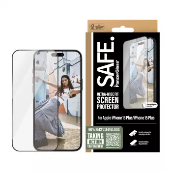 PanzerGlass SAFE. ekrāna aizsargplēve ar melnu rāmi iPhone 16 Plus | 15 Plus | Ultra-Wide Fit
