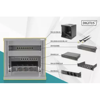 DIGITUS 10 collu tīkla komplekts - 6U korpuss, plaukts, PDU, 8 portu slēdzis, CAT6 sadales panelis