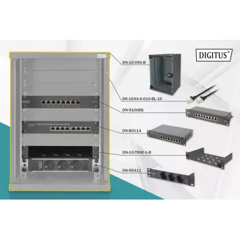 DIGITUS DN-10-SET-2-B 10 collu tīkla komplekts ar 9U skapi, plauktu, PDU, 8 portu slēdzi un CAT6 paneļa