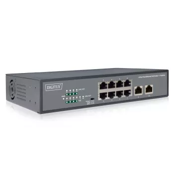 DIGITUS Fast Ethernet PoE af/at 8 portu slēdzis + 2 augšupsaites 120W PoE jaudas budžets, montējams statīvā