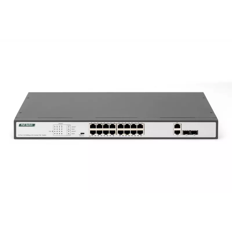 DIGITUS Fast Ethernet PoE slēdzis 16-portu PoE + 2 Combo, 250W PoE budžets