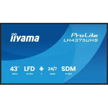 iiyama LH4375UHS-B2AG Signālu displejs 108 cm (42,5 collu) LCD Wi-Fi 500 cd/m² 4K Ultra HD Melns Ar iebūvētu procesoru Android 11 24/7