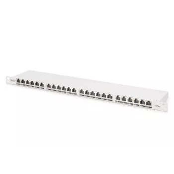 DIGITUS Patch panel CAT6A EA ekranēts, 24-portu RJ45 putekļu vāciņi, 8P8C, 0,5U, pelēks RAL 7035