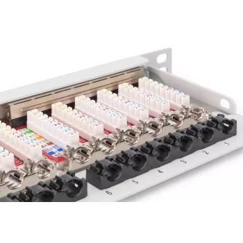 DIGITUS Patch panel CAT6A EA ekranēts, 24-portu RJ45 putekļu vāciņi, 8P8C, 0,5U, pelēks RAL 7035