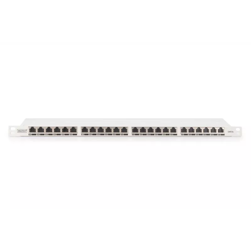 DIGITUS Patch panel CAT6A EA ekranēts, 24-portu RJ45 putekļu vāciņi, 8P8C, 0,5U, pelēks RAL 7035