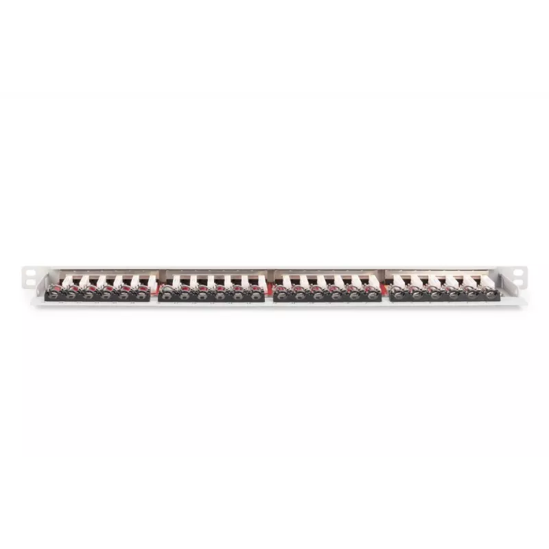 DIGITUS Patch panel CAT6A EA ekranēts, 24-portu RJ45 putekļu vāciņi, 8P8C, 0,5U, pelēks RAL 7035
