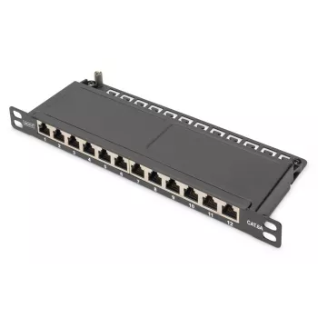 DIGITUS CAT6A Sadales panelis, ekranēts, 12 portu, 0,5U, 10 collu stiprinājums, melns RAL 9005