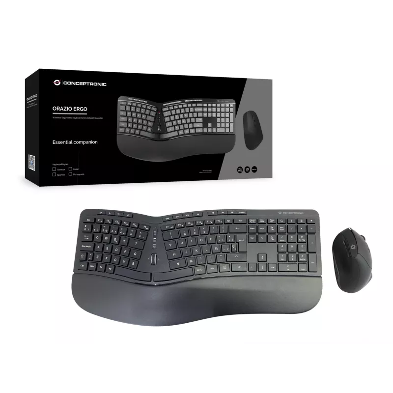 Conceptronic ORAZIO ERGO Bezvadu ergonomiskā tastatūra un pele komplektā, Spāņu izkārtojums