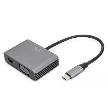 DIGITUS USB-C – mini DP + VGA adapteris, 20 cm, 4K/30Hz, sudraba, alumīnija korpuss