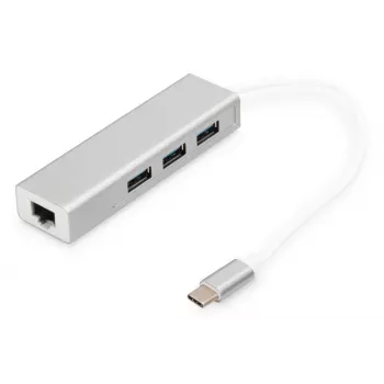 DIGITUS 3 Portu USB 3.0 C Tipa Hubs ar Gigabitu Ethernet 3x USB A/Siev., 1x USB C/Vīr., 1x RJ45 LAN