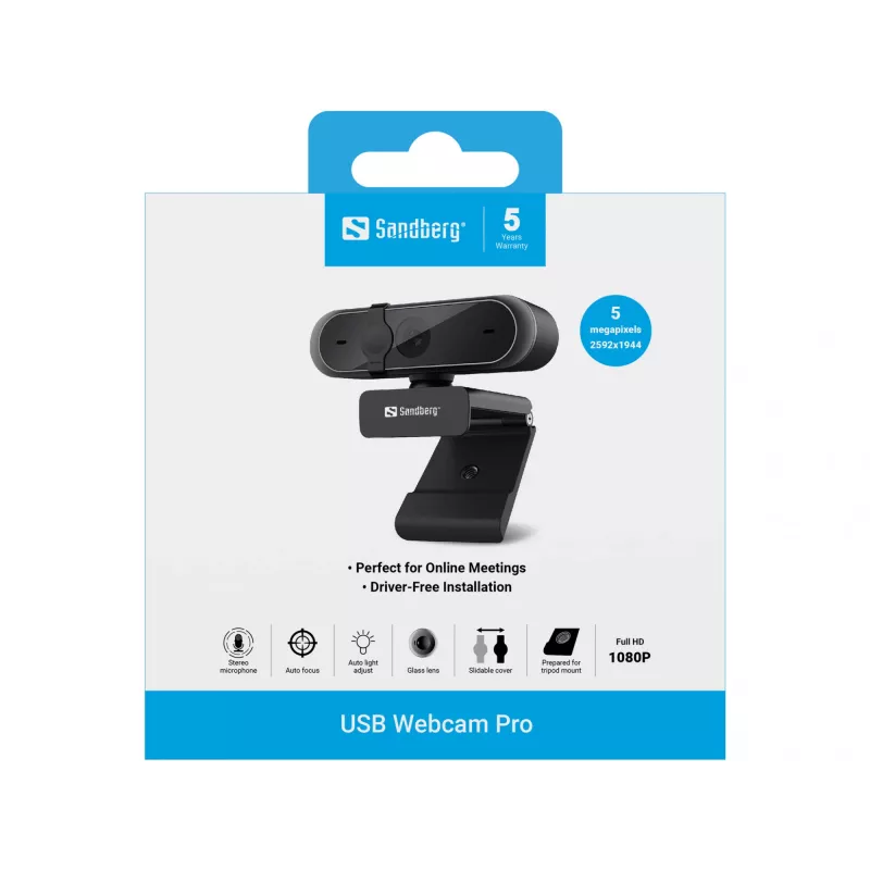 Sandberg USB Webcam Pro, 5 MP, 2592 x 1944 pikseļi, Full HD, 30 kadri/s, 1920x1080@30fps, 2595x1944@30fps, 1080p