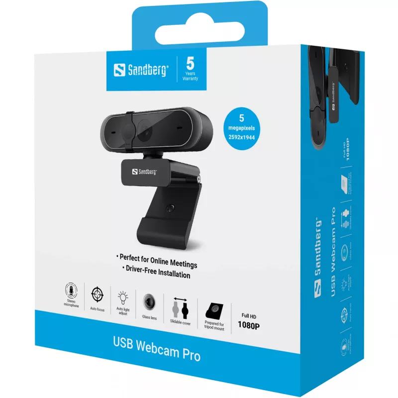 Sandberg USB Webcam Pro, 5 MP, 2592 x 1944 pikseļi, Full HD, 30 kadri/s, 1920x1080@30fps, 2595x1944@30fps, 1080p