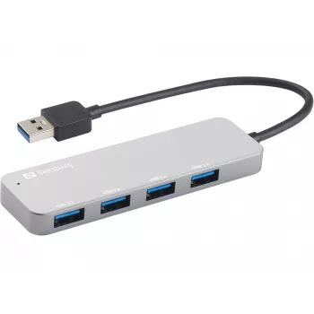Sandberg USB 3.0 Hub 4 porti SAVER, USB 3.2 Gen 1 (3.1 Gen 1) Type-A, sudrabs, alumīnijs, 40 g