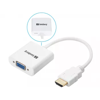 Sandberg HDMI uz VGA pārveidotājs, VGA (D-Sub), HDMI Type A (standarta), Vīrietis, Sieviete, Balts, RoHS