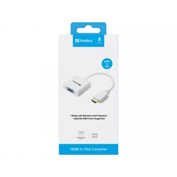 Sandberg HDMI uz VGA pārveidotājs, VGA (D-Sub), HDMI Type A (standarta), Vīrietis, Sieviete, Balts, RoHS