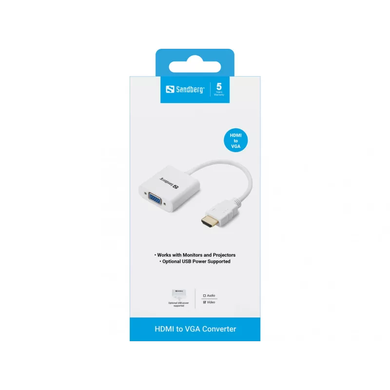 Sandberg HDMI uz VGA pārveidotājs, VGA (D-Sub), HDMI Type A (standarta), Vīrietis, Sieviete, Balts, RoHS