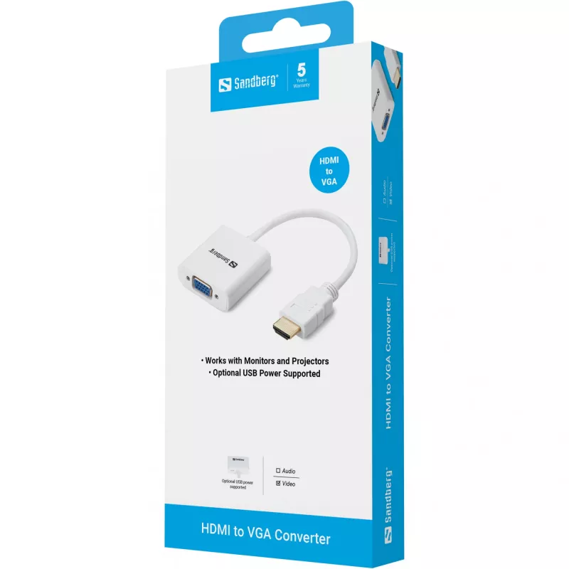 Sandberg HDMI uz VGA pārveidotājs, VGA (D-Sub), HDMI Type A (standarta), Vīrietis, Sieviete, Balts, RoHS