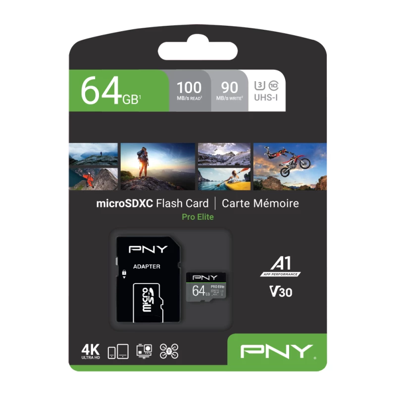 PNY Pro Elite 64GB Micro-SD karte Class 10 UHS-I U3 A1 V30 ar SD adapteri