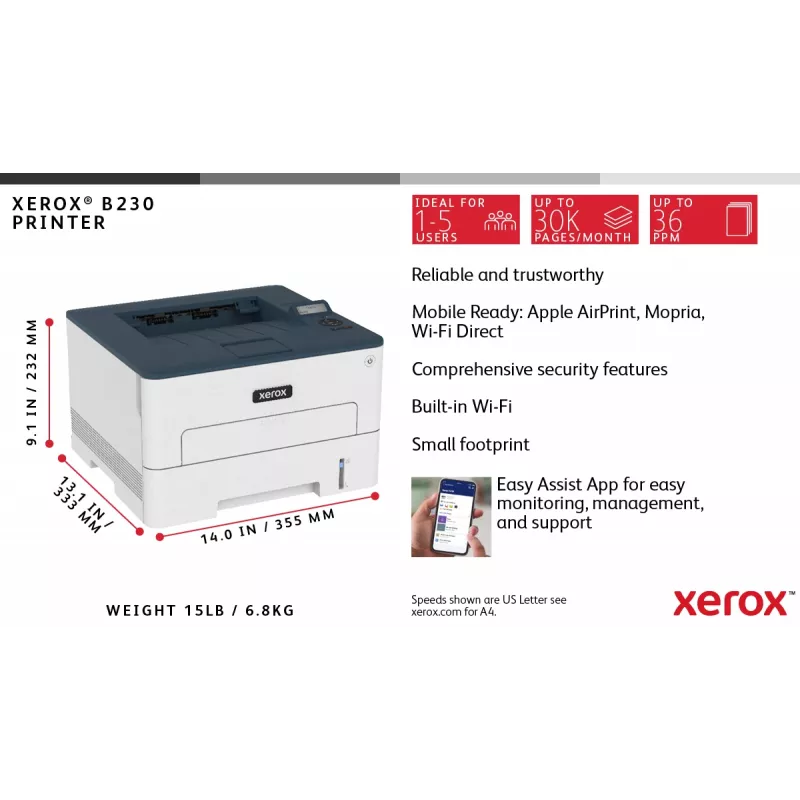 Xerox B230 A4 34ppm Bezvadu Divpusējais Printeris PCL5e/6 2 Paplātes Kopā 251 Lapa