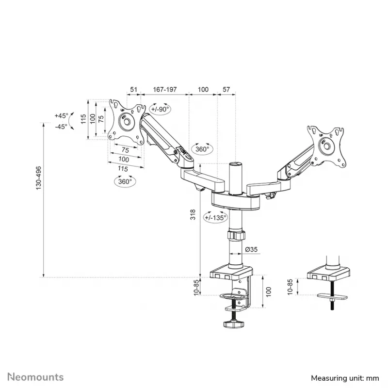 Neomounts DS70-750BL2 Monitora roka 17-27 collu - gāzes atspere, Clamp/Grommet, 7 kg, 43.2 cm (17 collas), 68.6 cm (27 collas), 100 x 100 mm, Melna