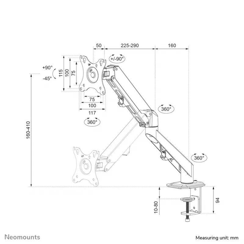 Neomounts DS70-700BL1 Monitora roka 17-27 collas - gāzes atspere, Skavas stiprinājums, 7 kg, 43.2 cm (17 inch), 68.6 cm (27 inch), 100 x 100 mm, Melna