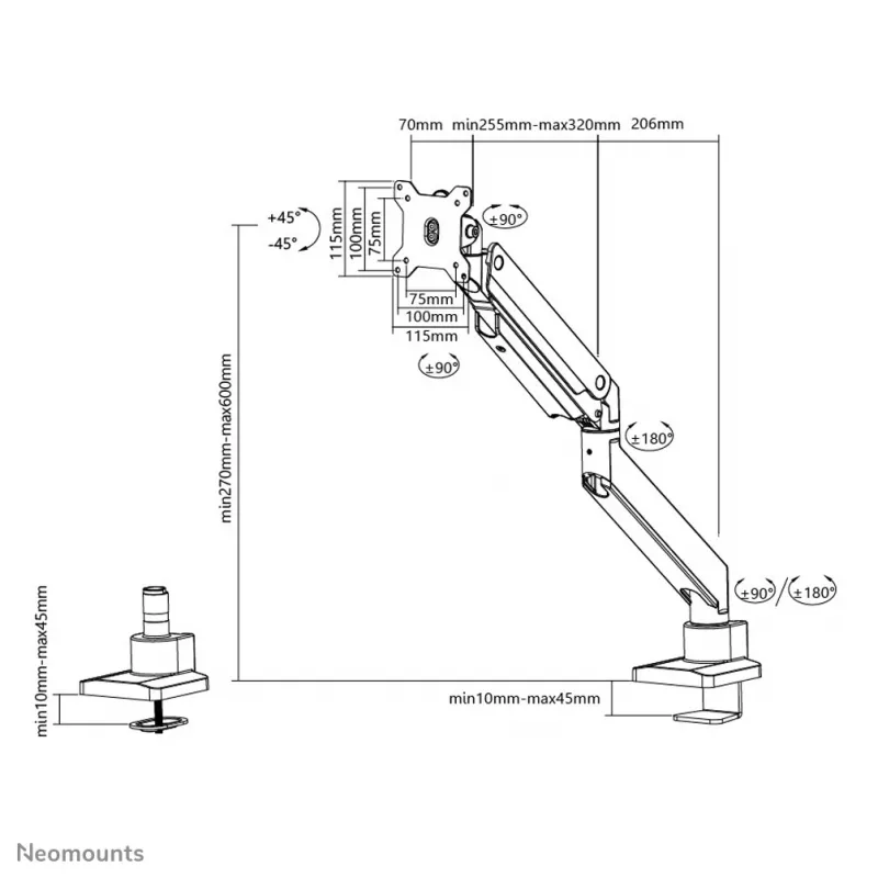 Neomounts NM-D775WHITEPLUS Monitora roka 10-49 collas - gāzes atspere - Topfix - 180° stops