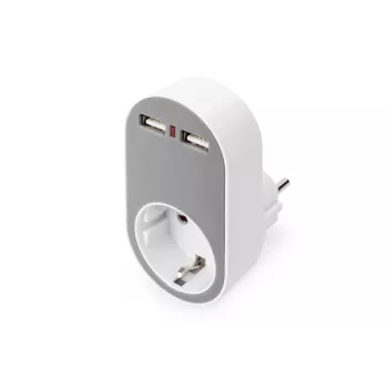 DIGITUS Strāvas adapteris ar 2 USB portiem 250V, 50 Hz, USB: 5V, 2,1A, balts / pelēks