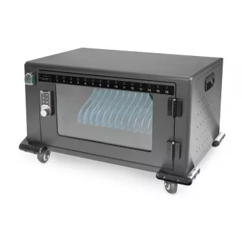 DIGITUS uzlādes skapis 16 vietām, 14 collu ierīcēm, melns 384 x 550 x 375 mm, elektroniskā slēdzene, ar USB un ventilatoru