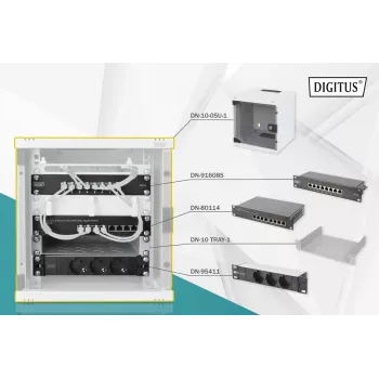 DIGITUS DN-10-SET-1 10 collu tīkla komplekts – 6U skapis, plaukts, PDU, 8 portu slēdzis, CAT6 sadales panelis