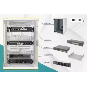DIGITUS Tīkla komplekts 10 collu 9U 312x300mm skapis, plaukts, PDU 8 portu sadalnieks