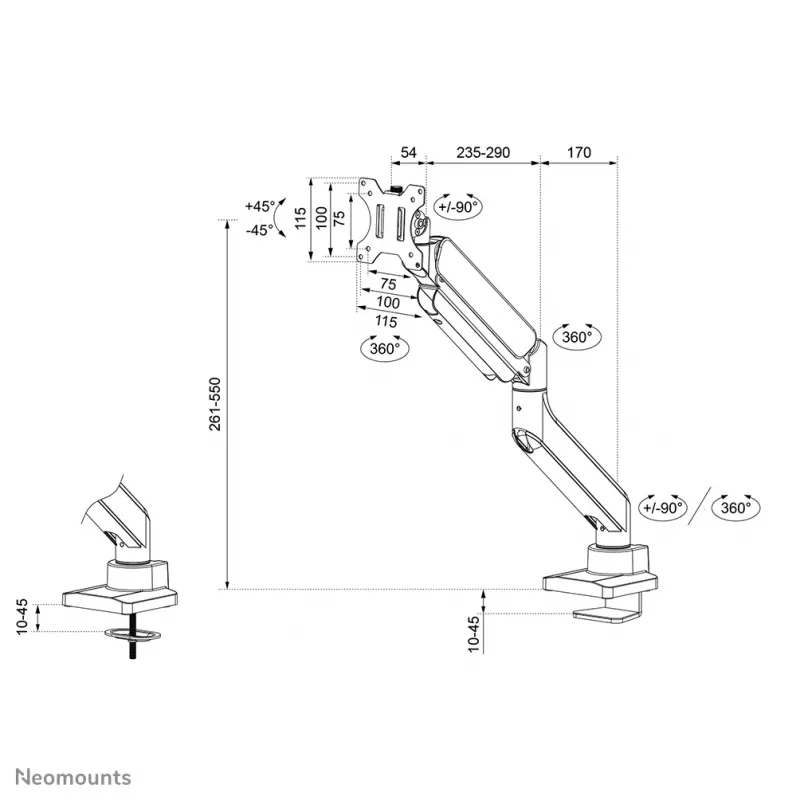Neomounts DS70PLUS-450BL1 Monitora roka 17-49 collas - gāzes atspere - Topfix - 180° apturēšana