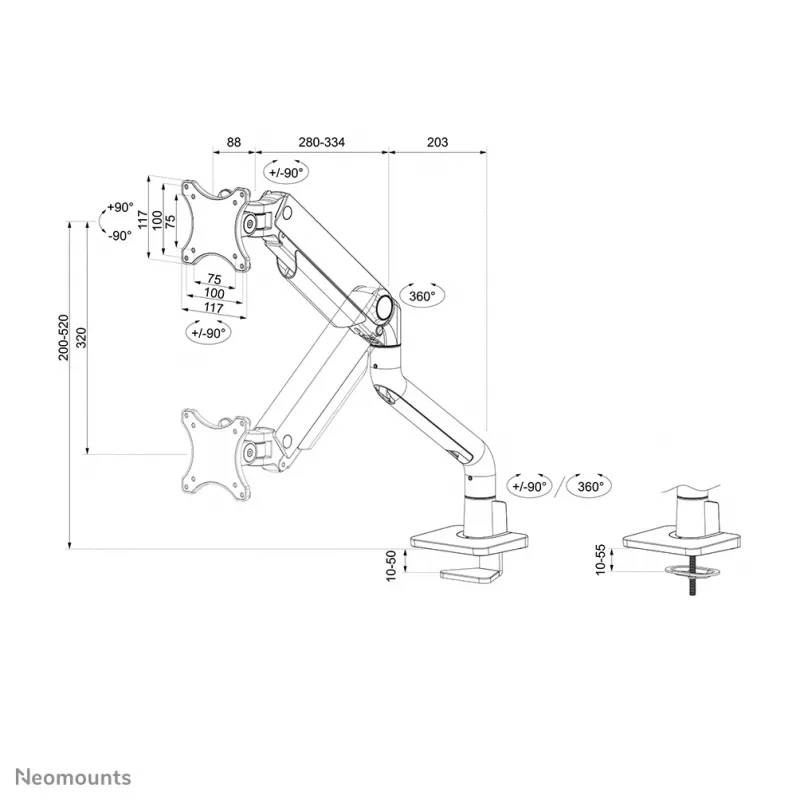Neomounts DS70S-950BL1 Monitora roka 17-49 collas - gāzes atspere - Topfix - 180° pietura