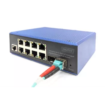 DIGITUS Industriālais 8+2 portu Gigabit L2 pārvaldītais PoE slēdzis 8xGE RJ45 + 2 SFP porti IEEE802.3at (30W)