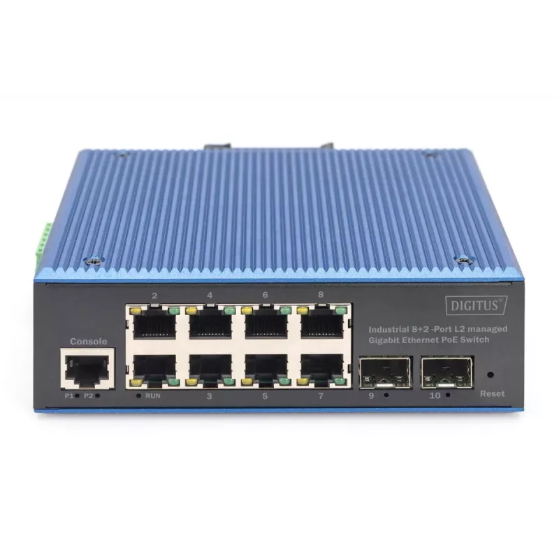 DIGITUS Industriālais 8+2 portu Gigabit L2 pārvaldītais PoE slēdzis 8xGE RJ45 + 2 SFP porti IEEE802.3at (30W)