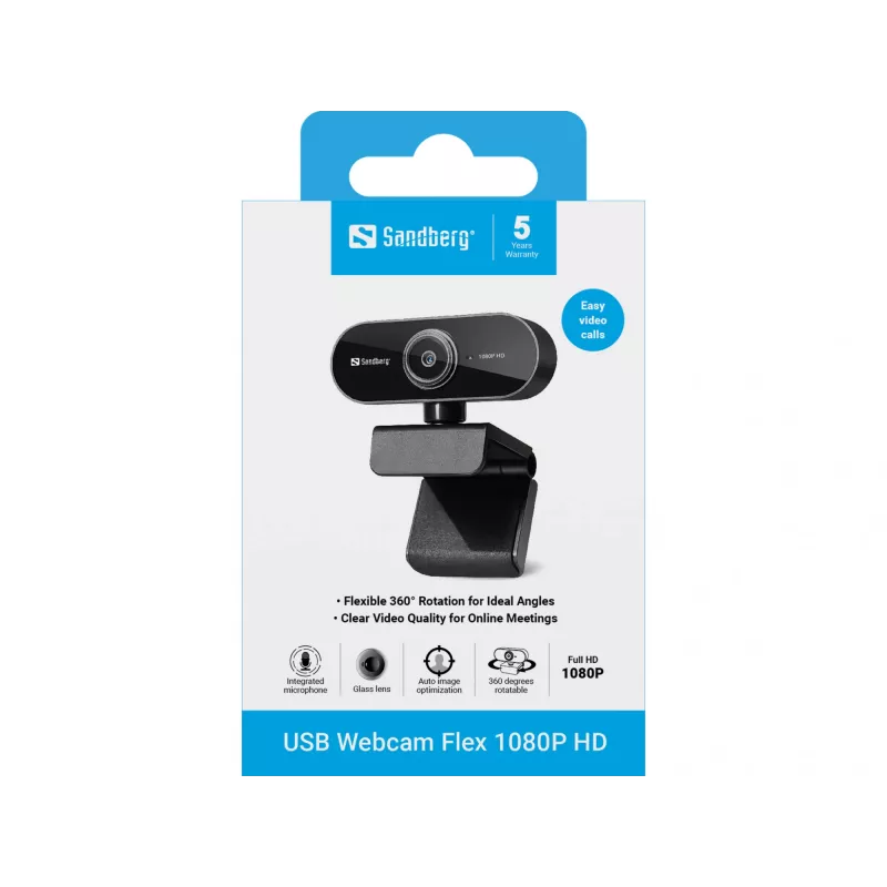 Sandberg USB Webcam Flex 1080P HD, 2 MP, 1920 x 1080, Full HD, 30 fps, USB, melna