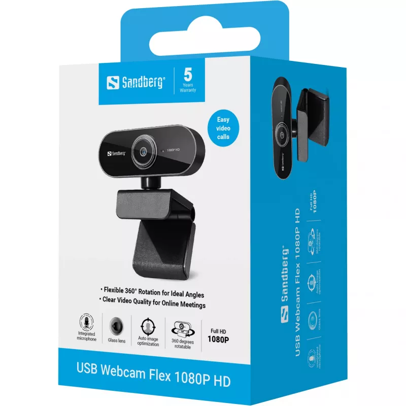 Sandberg USB Webcam Flex 1080P HD, 2 MP, 1920 x 1080, Full HD, 30 fps, USB, melna
