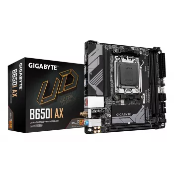 Mātesplate GIGABYTE B650I AX - AMD Ryzen 9000 sērijas CPU, 5+2+1 fāžu VRM, līdz 6400MHz DDR5 (OC), 1xPCIe 4.0 M.2, 2.5GbE LAN, WIFI 6E, USB 3.2 Gen 2