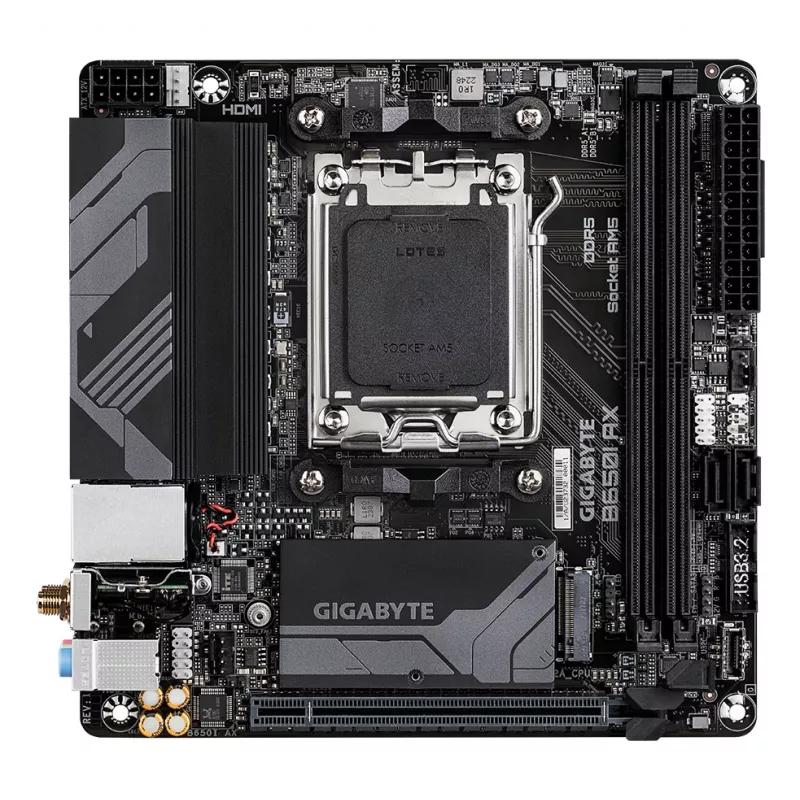 Mātesplate GIGABYTE B650I AX - AMD Ryzen 9000 sērijas CPU, 5+2+1 fāžu VRM, līdz 6400MHz DDR5 (OC), 1xPCIe 4.0 M.2, 2.5GbE LAN, WIFI 6E, USB 3.2 Gen 2