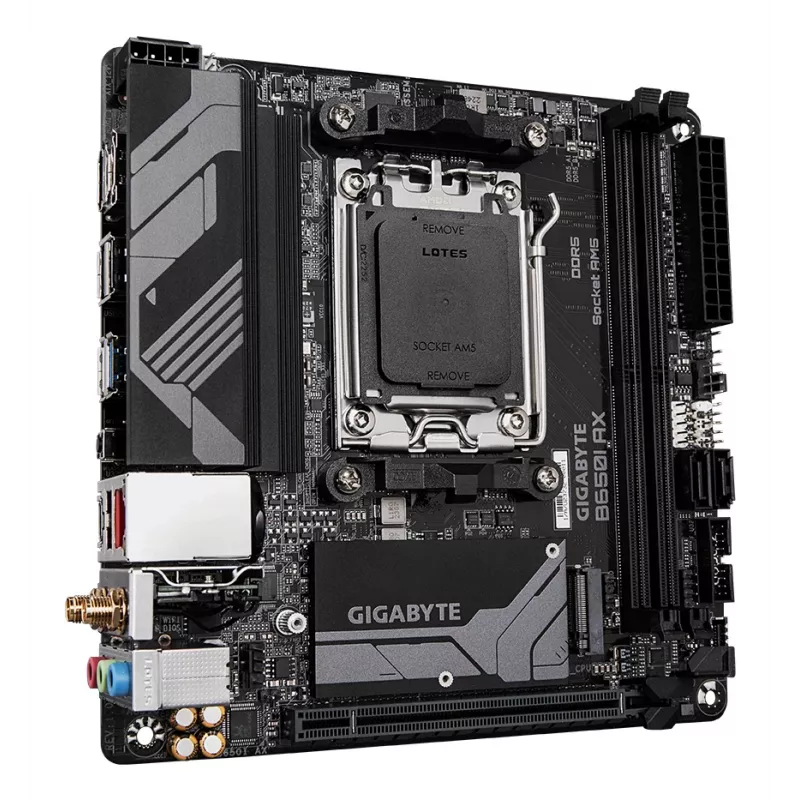 Mātesplate GIGABYTE B650I AX - AMD Ryzen 9000 sērijas CPU, 5+2+1 fāžu VRM, līdz 6400MHz DDR5 (OC), 1xPCIe 4.0 M.2, 2.5GbE LAN, WIFI 6E, USB 3.2 Gen 2