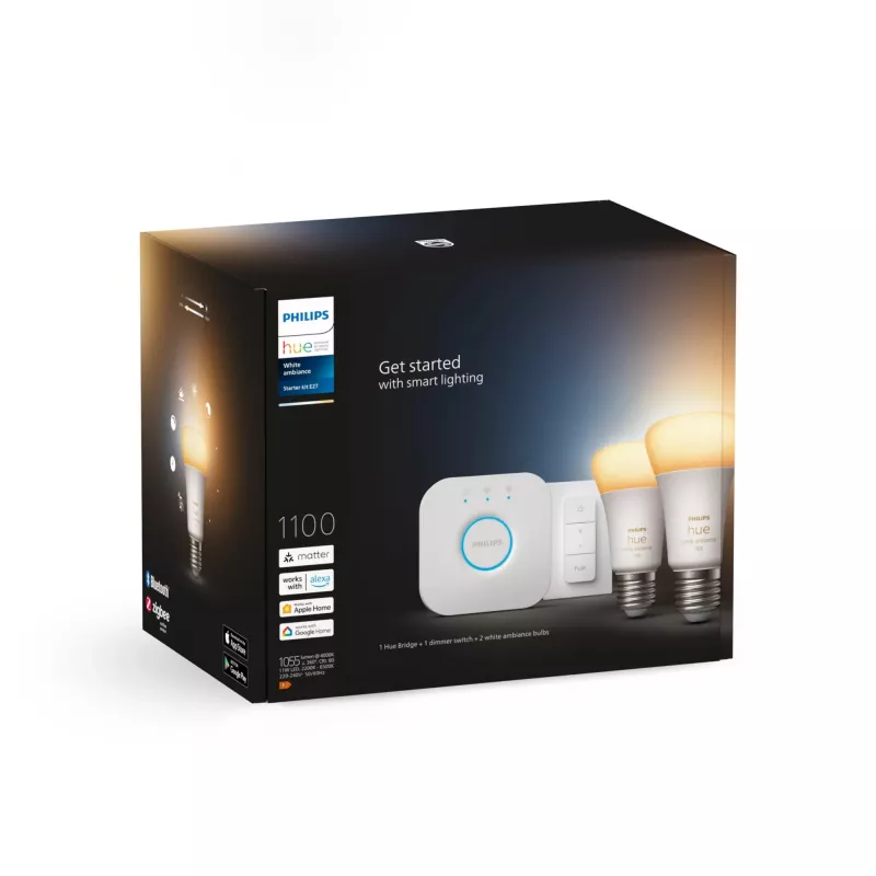 Philips Hue White Ambience komplekts: 2 E27 viedās spuldzes (1100 lm) + dimmera slēdzis
