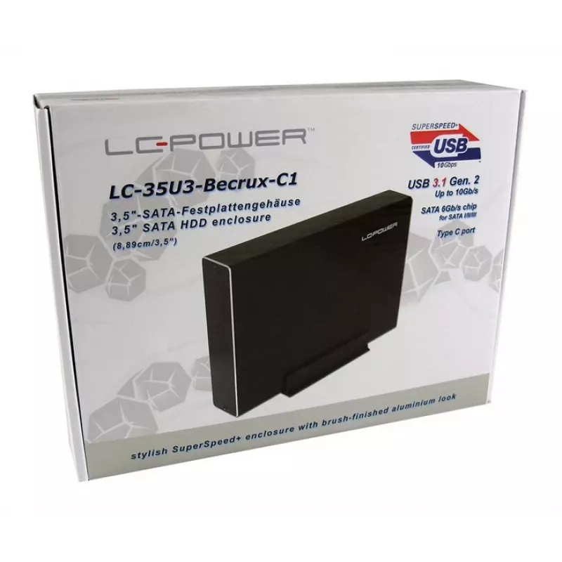 LC-Power LC-35U3-Becrux ārējā 3,5 collu SATA cietā diska kārba, USB 3.0, alumīnija, melna