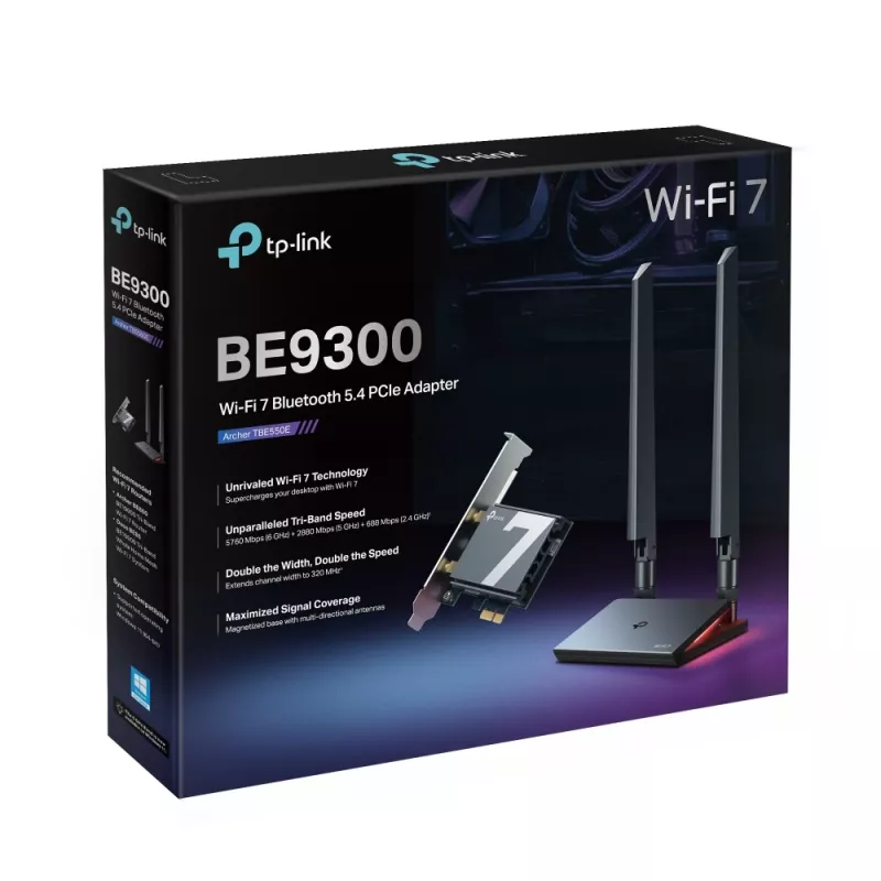 TP-Link Archer BE9300 Wi-Fi 7 Bluetooth 5.4 PCIe adapter, iekšējais, bezvadu, PCI Express, WLAN/Bluetooth, 9300 Mbit/s, melns