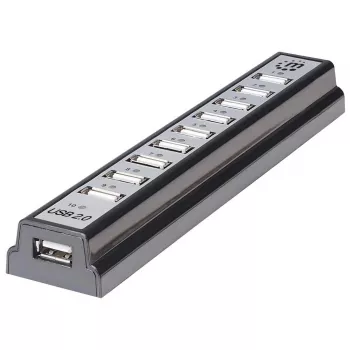 Manhattan USB-A 10 portu darbvirsmas centrmezgls, 10x USB-A pieslēgvietas, 480 Mb/s (USB 2.0), barošana caur USB vai ārēju barošanas bloku (nav iekļauts) lielākai jaudai pievienotajām ierīcēm