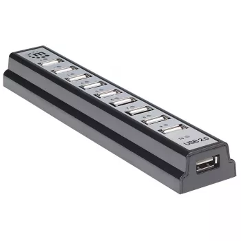 Manhattan USB-A 10 portu darbvirsmas centrmezgls, 10x USB-A pieslēgvietas, 480 Mb/s (USB 2.0), barošana caur USB vai ārēju barošanas bloku (nav iekļauts) lielākai jaudai pievienotajām ierīcēm