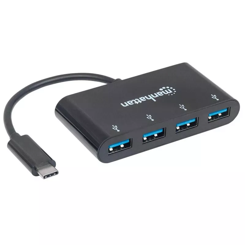 Manhattan HB30C4AB USB-C centrmezgls ar 4 USB-A portiem, 5 Gbps