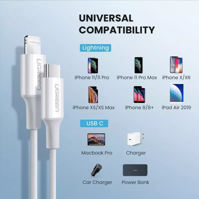 Ugreen 10493 USB-C uz Lightning kabelis 1 m Balts