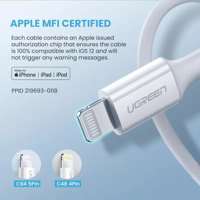 Ugreen 10493 USB-C uz Lightning kabelis 1 m Balts