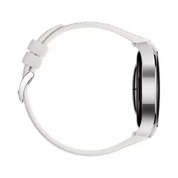 Viedpulkstenis HUAWEI WATCH 5 — apaļš 42 mm nerūsējošā tērauda korpuss, 1.38 collu AMOLED, GPS, Bluetooth, 540 mAh akumulators, bēšs korpuss ar baltu siksniņu