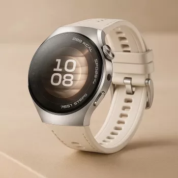 Viedpulkstenis HUAWEI WATCH 5 — apaļš 42 mm nerūsējošā tērauda korpuss, 1.38 collu AMOLED, GPS, Bluetooth, 540 mAh akumulators, bēšs korpuss ar baltu siksniņu